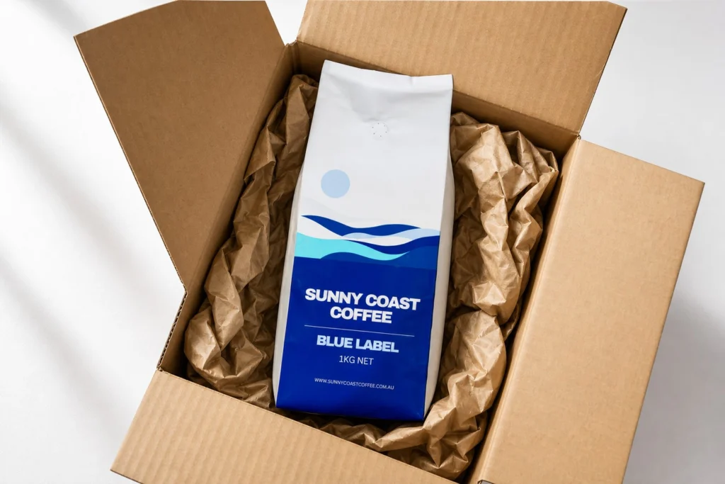 Blue Label packed in a shipping box