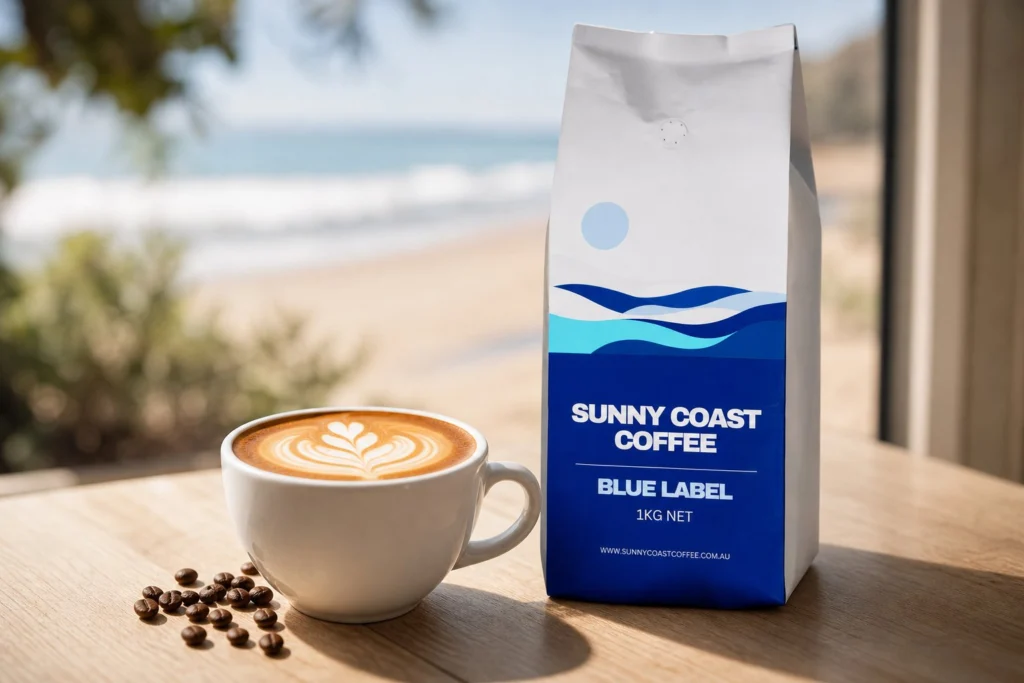 A flat white made with Blue Label