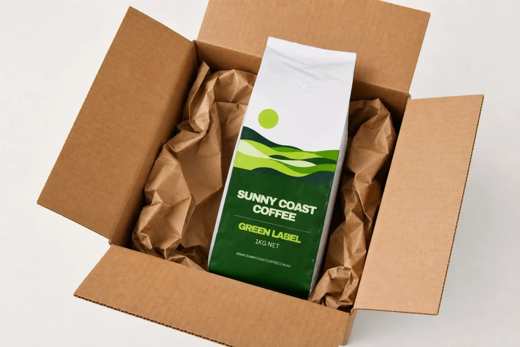 Green Label packed in a shipping box