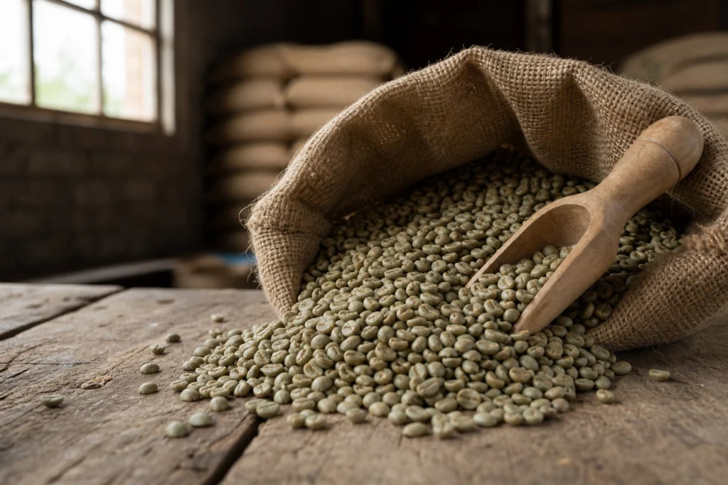Green coffee beans in a hessian sack