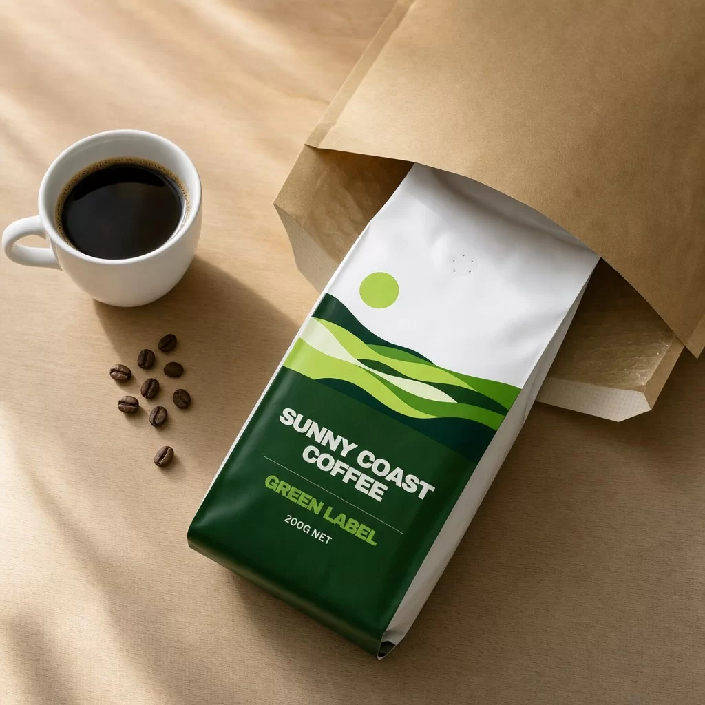 A free 200g bag of Sunny Coast Coffee coming out of its mailer