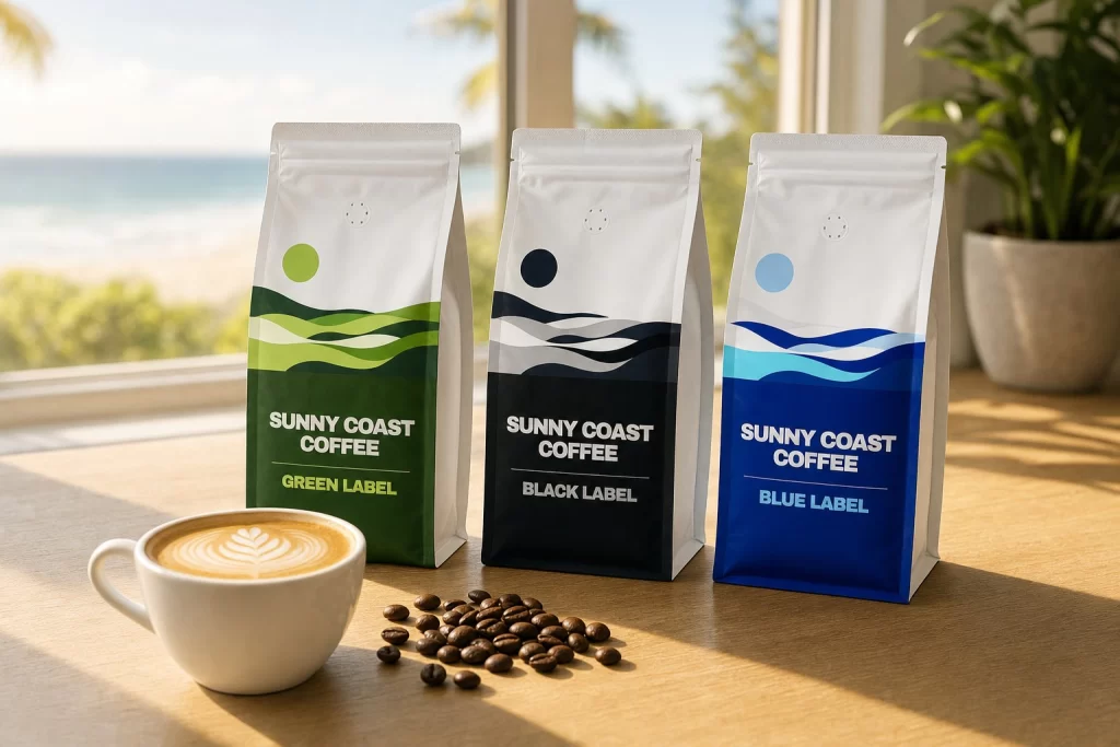 Sunny Coast Coffee Green, Black and Blue Label sample bags with a flat white